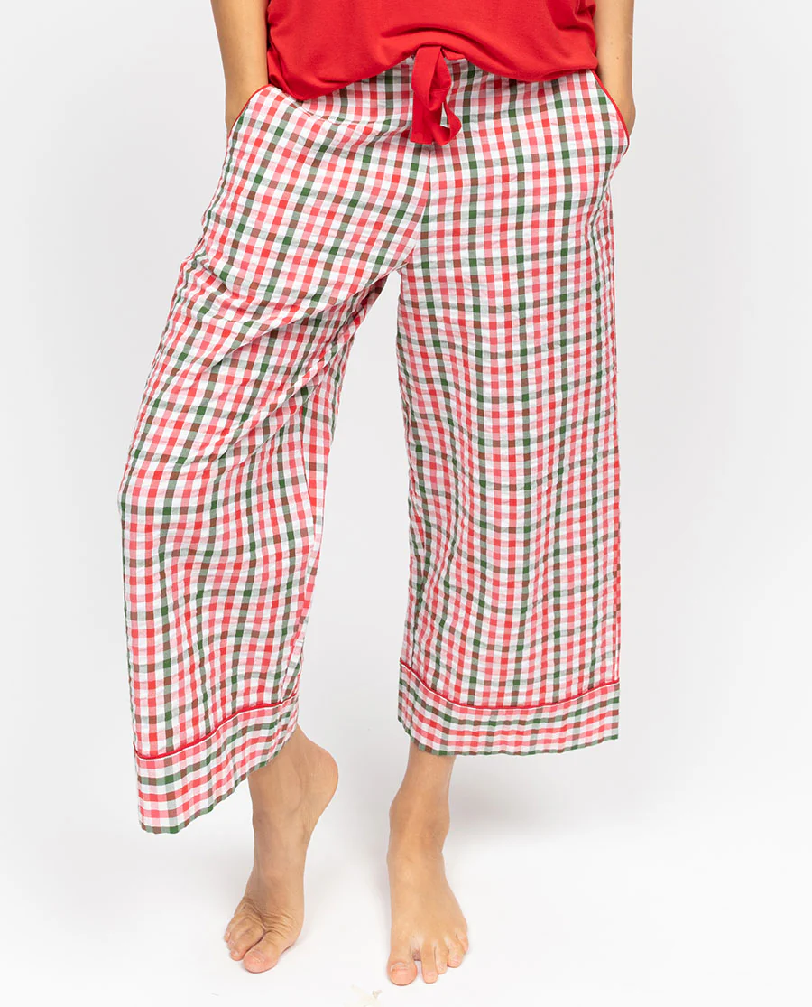 Tara Womens Seersucker Check Wide Leg Cropped Pyjama Bottoms