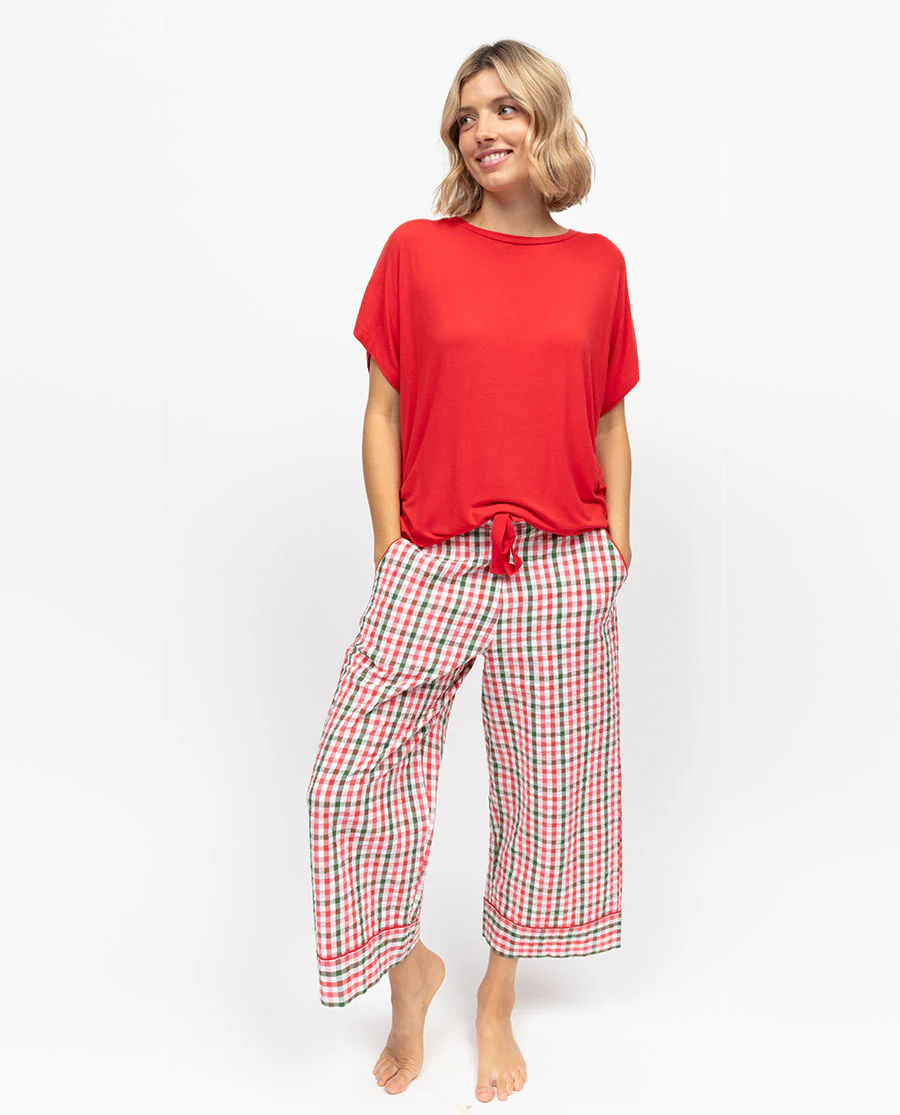 Tara Womens Seersucker Check Wide Leg Cropped Pyjama Bottoms - Image 3