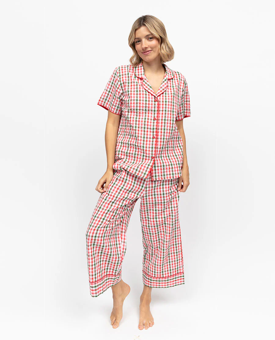 Tara Womens Seersucker Check Wide Leg Cropped Pyjama Bottoms - Image 6