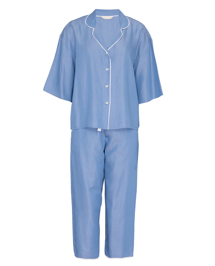 The Denim Edit Womens Chambray Relaxed Cropped Pyjama Set - Image 8