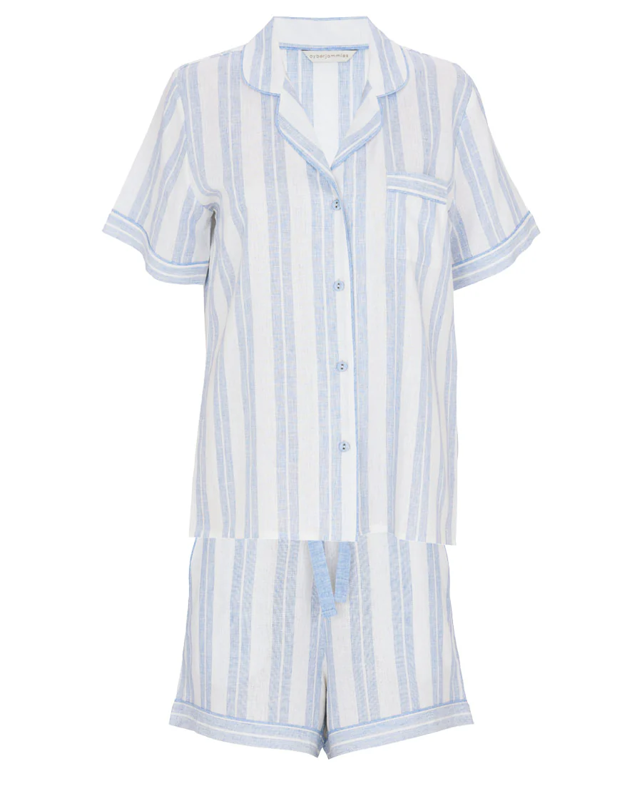 The Linen Edit Womens Blue Stripe Shorty Set - Image 4